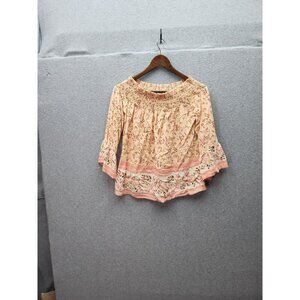 Floral Peach Off-Shoulder Smocked Top With Bell Sleeves Womens Size M 100% Rayon